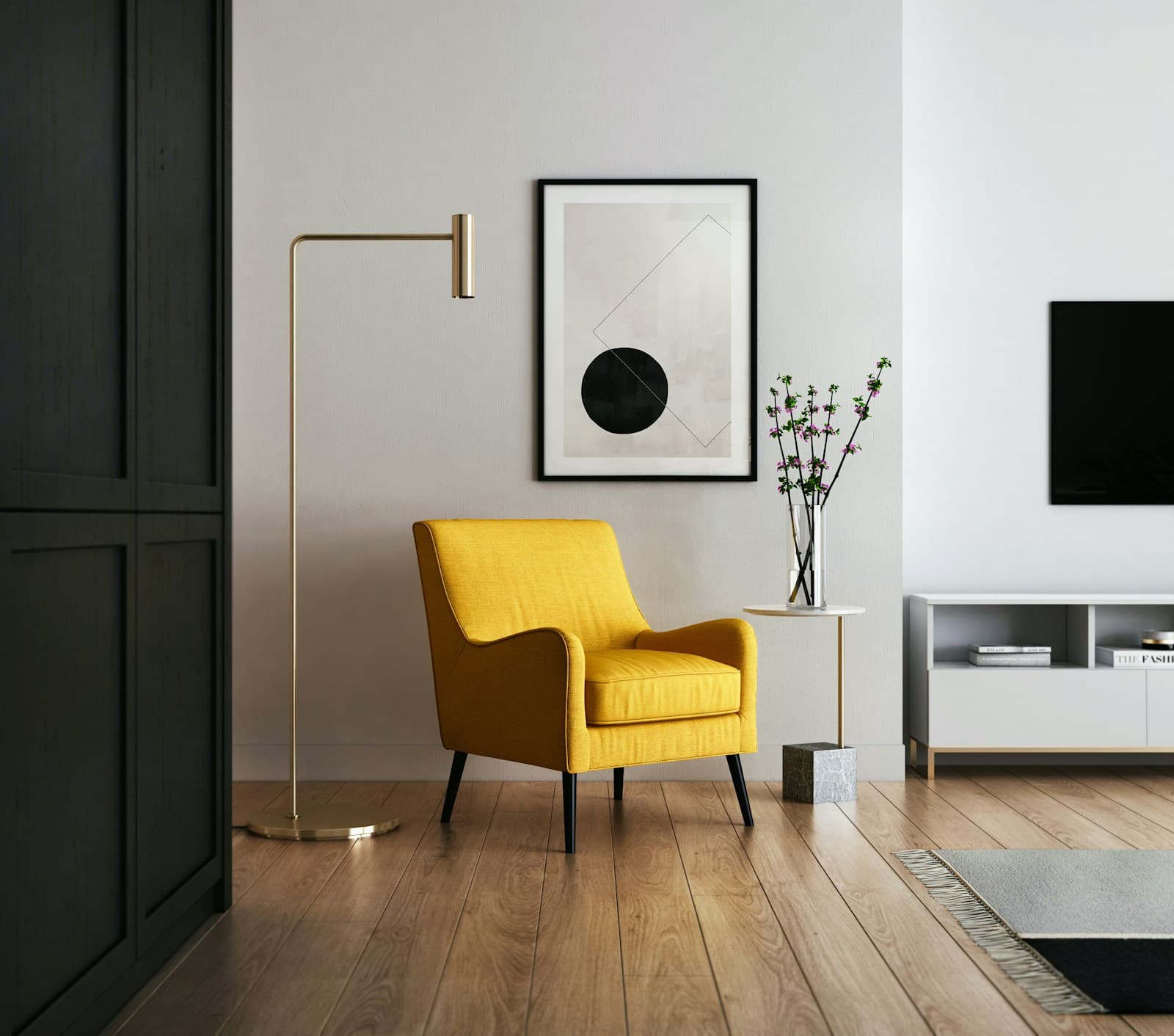 A warm minimalist living room with natural wood tones and soft ambient light