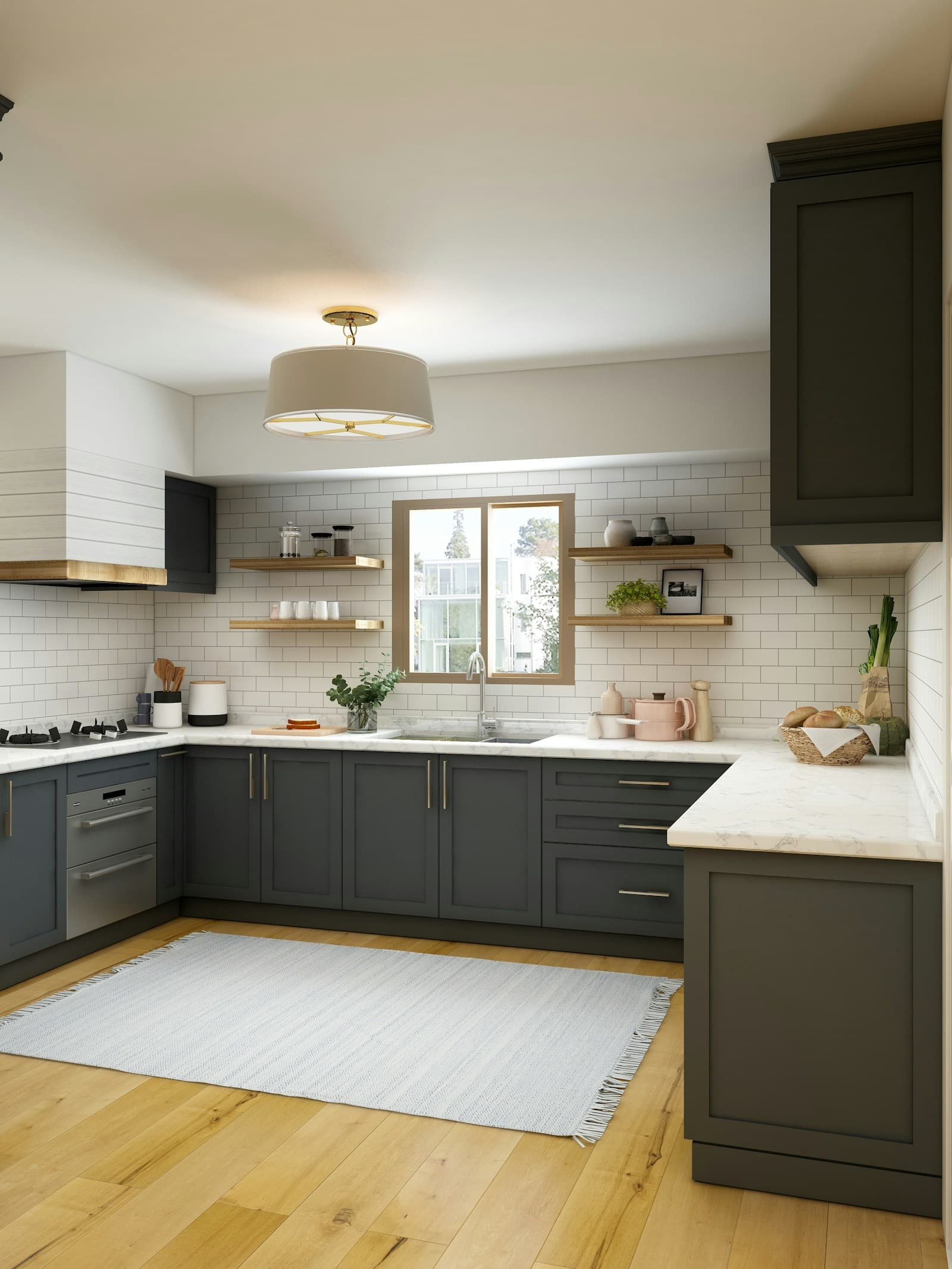 A modern open-plan kitchen with a large island, bar seating, and warm pendant lighting designed for gathering