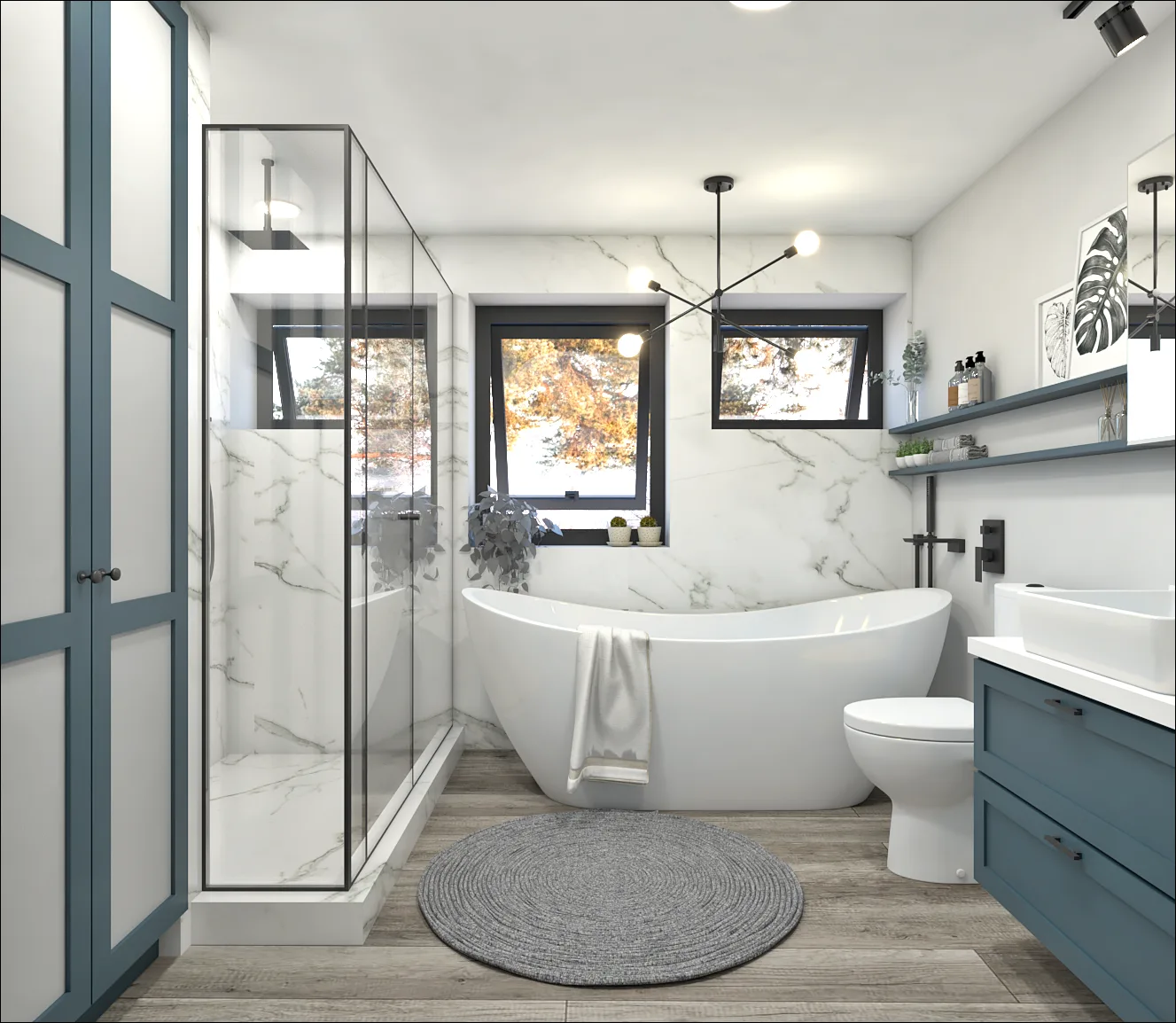 Bathroom renovation with layered materials and polished fixtures by Finch Home Studio in North Carolina