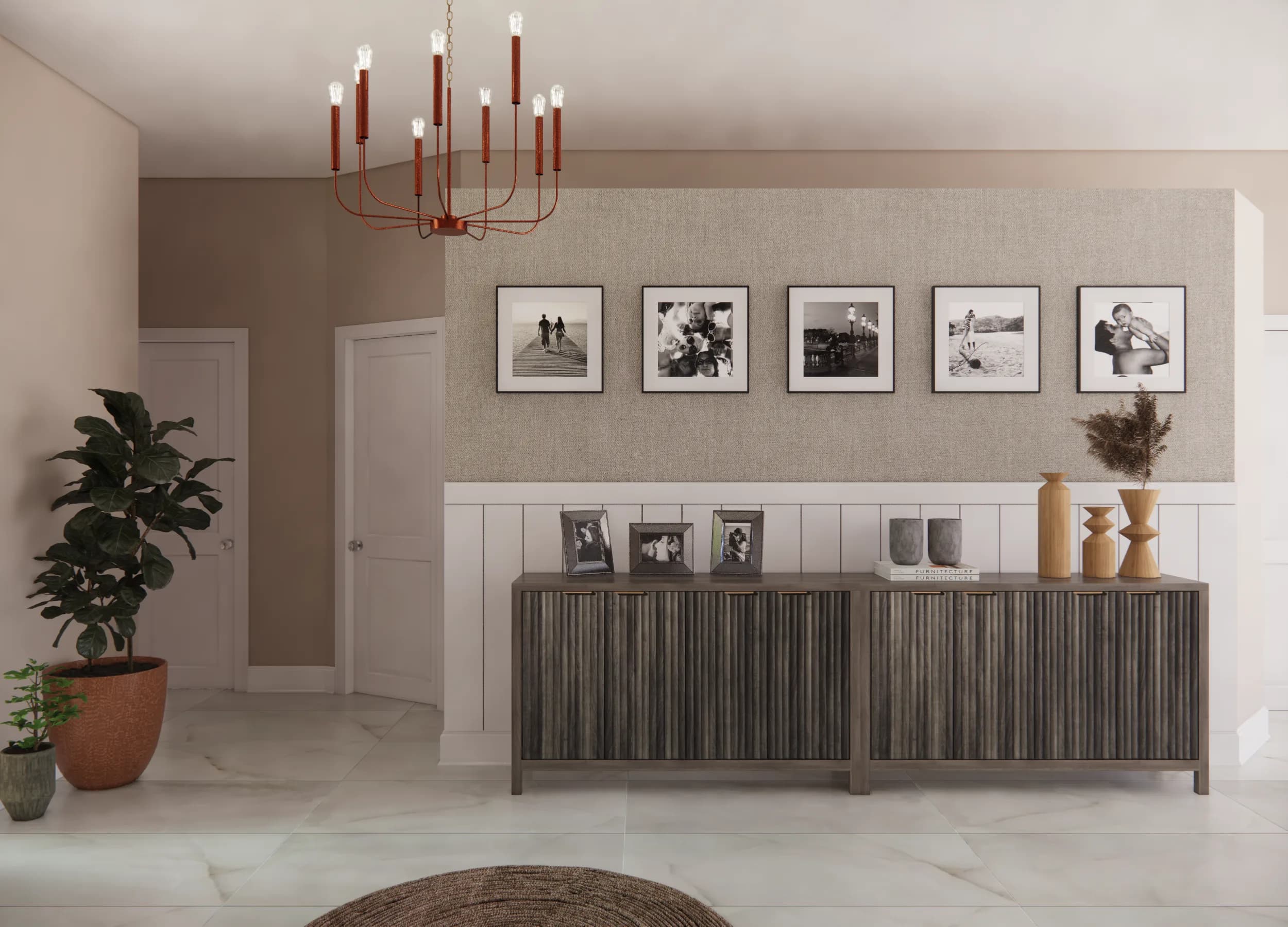 Full-home interior design with layered neutral finishes by Finch Home Studio in North Carolina