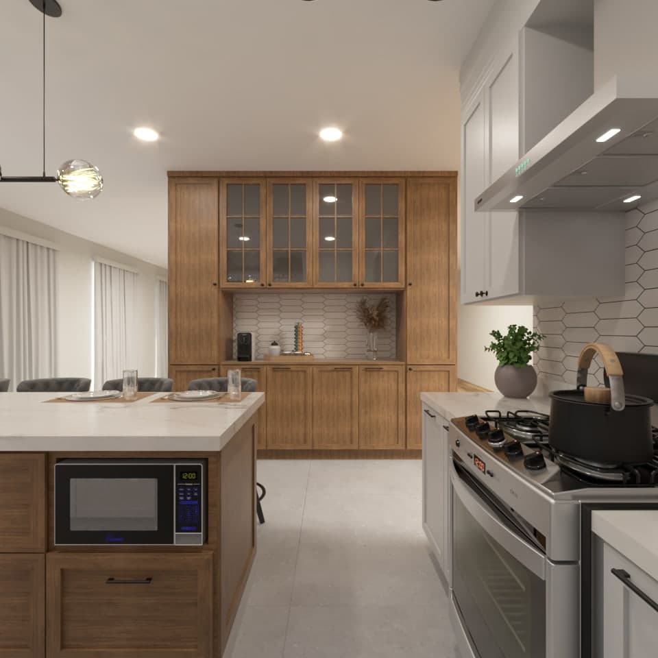 Kitchen finish update with tile, lighting, and hardware selections by Finch Home Studio in North Carolina