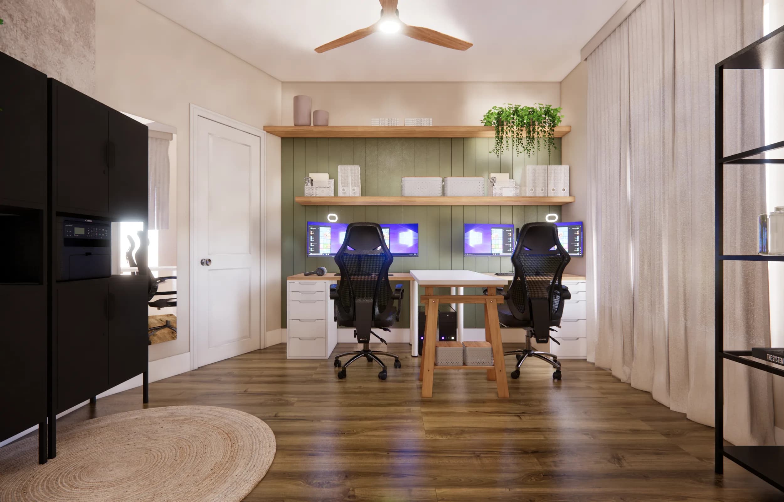 Home office design with functional storage and refined styling by Finch Home Studio in North Carolina
