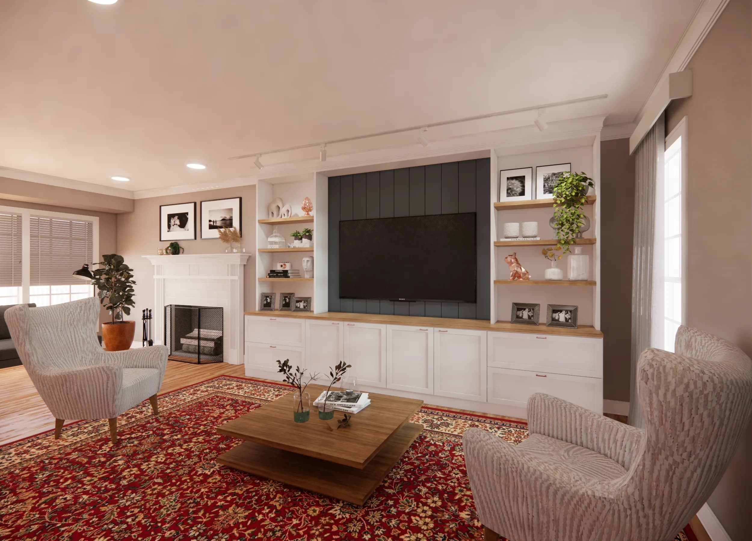 Living room design with comfortable seating and integrated TV wall by Finch Home Studio in North Carolina