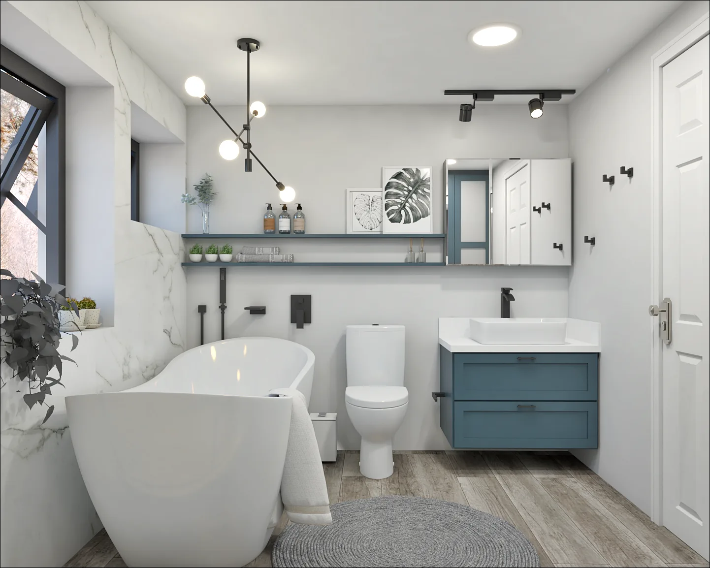 Bathroom material direction with refined surfaces and practical storage by Finch Home Studio in North Carolina