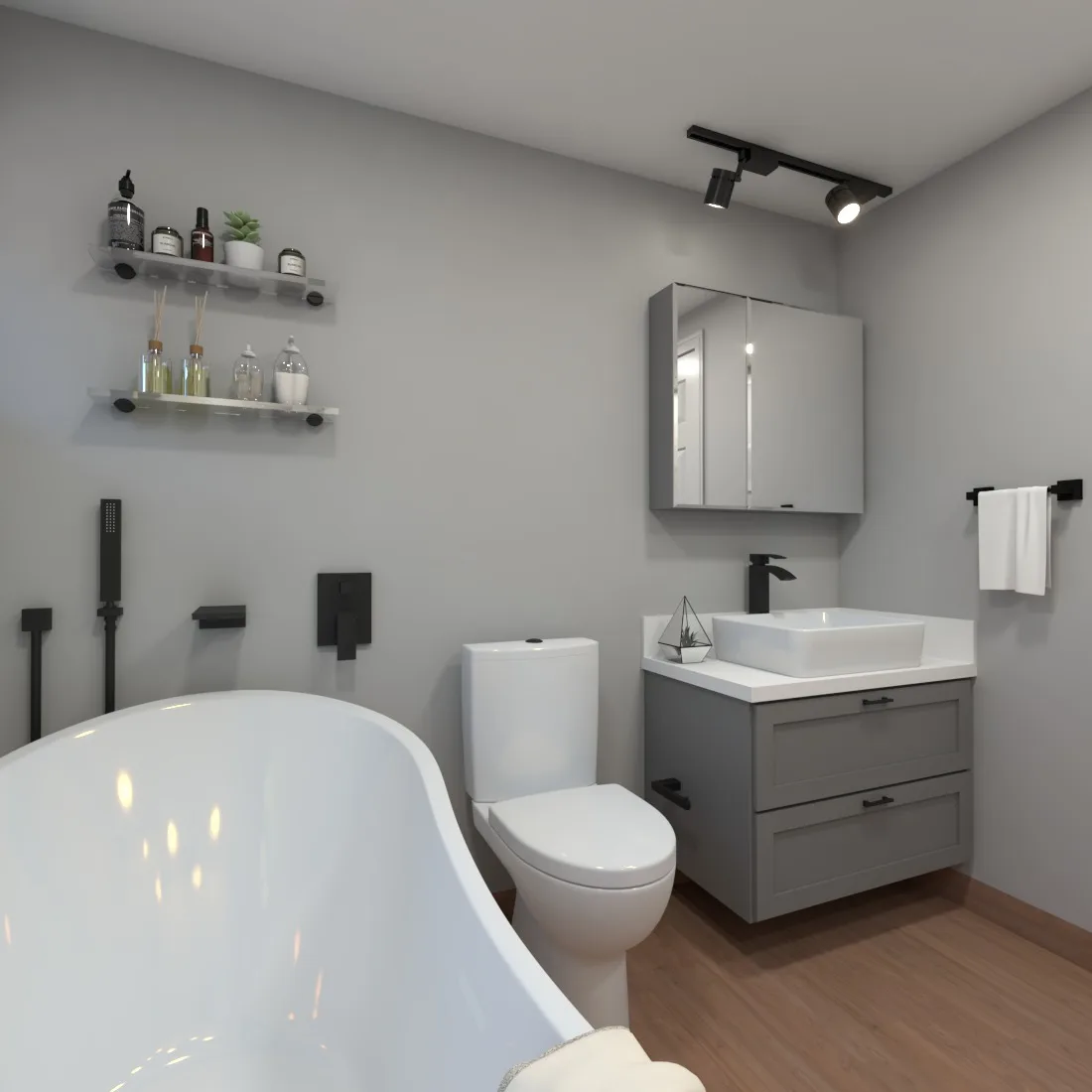 Bathroom detail showing a cohesive finish and fixture palette by Finch Home Studio in North Carolina