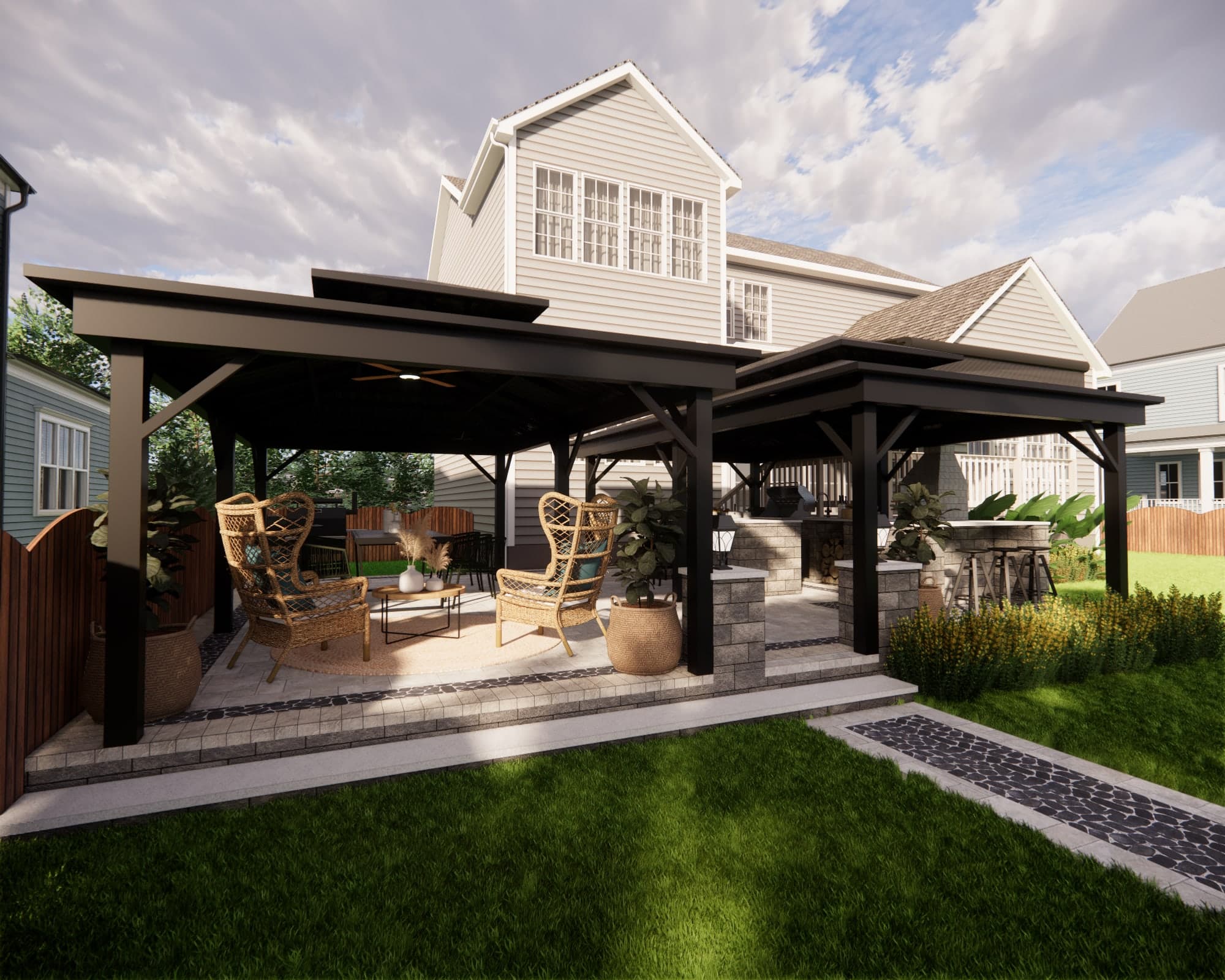 Living and patio design with furniture, styling, and indoor-outdoor flow by Finch Home Studio in North Carolina