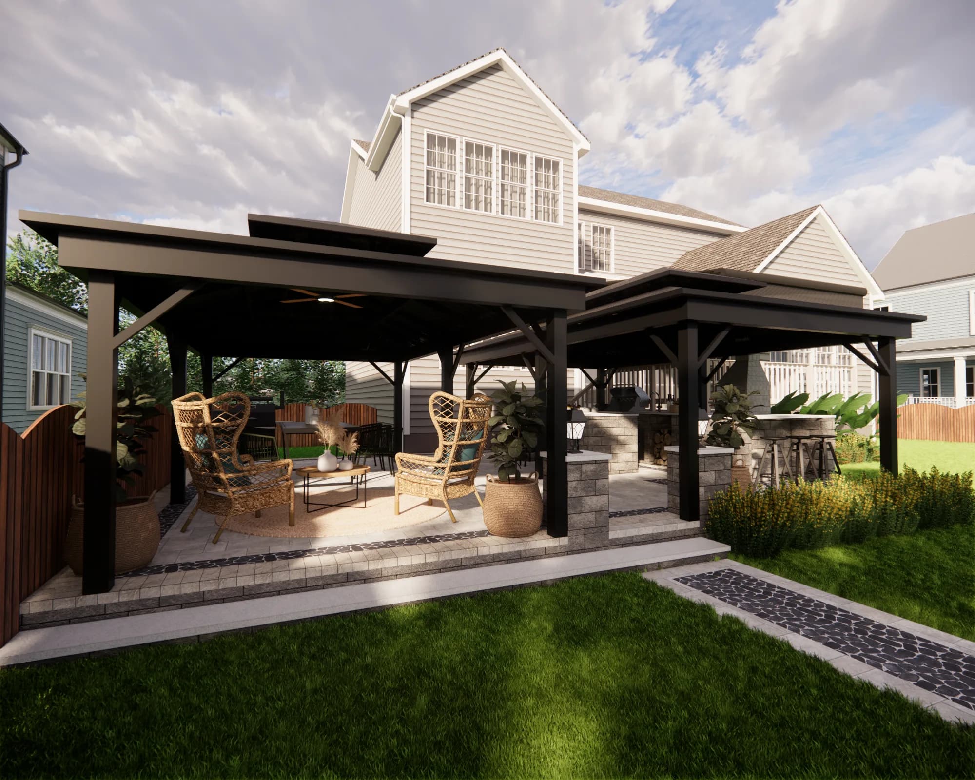 Indoor-outdoor living area design with layered comfort and styling by Finch Home Studio in North Carolina