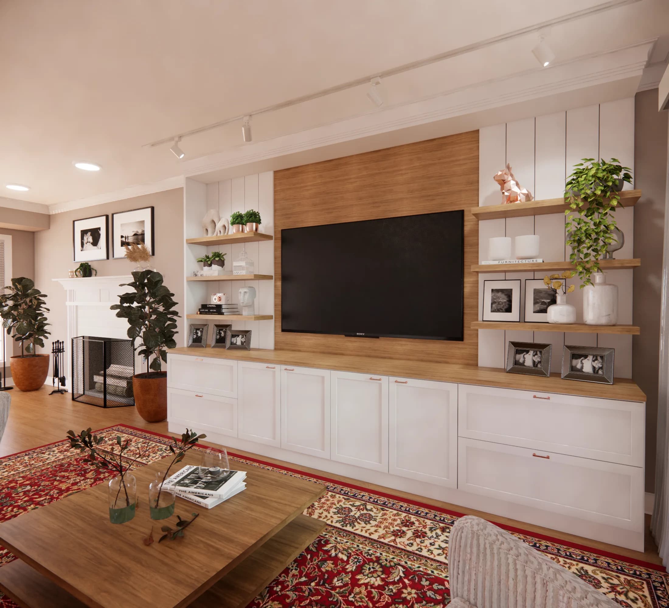 TV room furniture arrangement with circulation and comfort in mind by Finch Home Studio in North Carolina